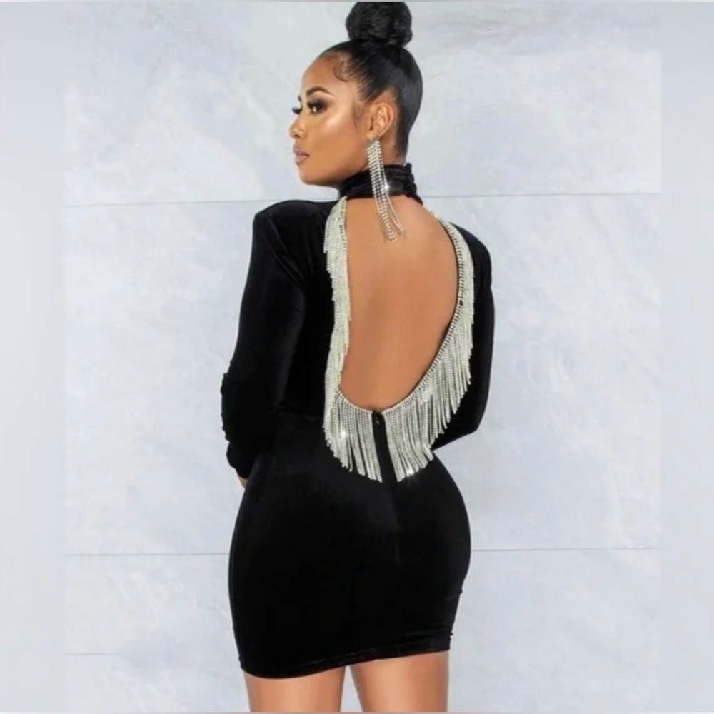 Mini rhinestone black velvet dress